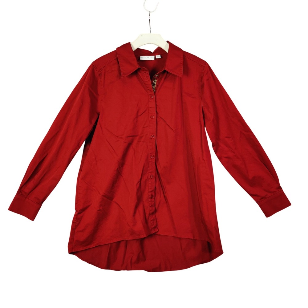 Susan Graver Button Down Tunic Top Long Sleeve Career Work Red Womens Size 12